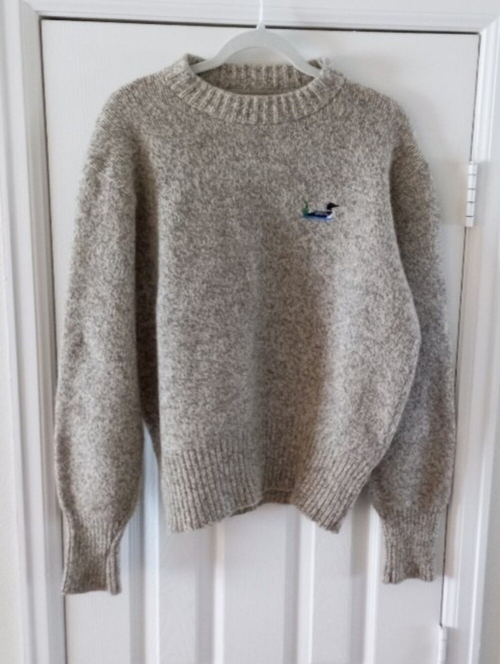 Winona Knits vintage wool taupe embroidered loon detail sweater